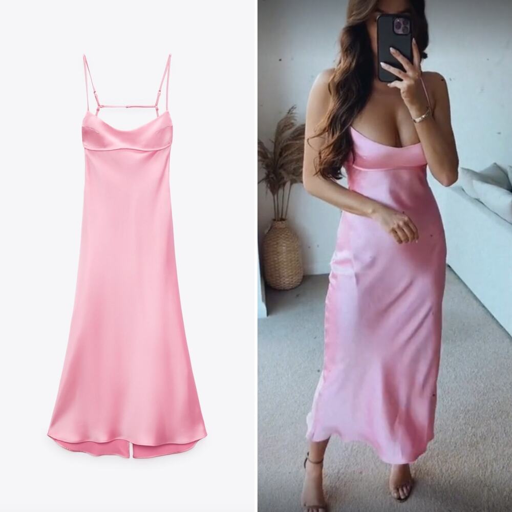Zara Blogger Fave Pink Satin Style Tank Open Back Cut Out Midi Dress Medium